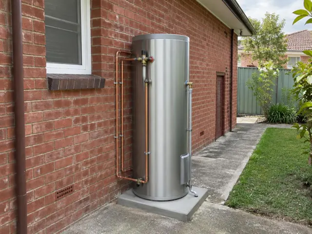 Outdoor stainless hot water tank on a concrete pad beside a brick house wall in Arncliffe